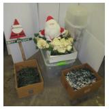 Christmas items including lights, tub with lid,