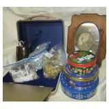 (3) Tins, household scissors, decorative planter (3) Tins, household scissors, decorative planter