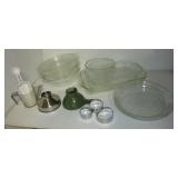 Clear glass bowls and pie pans, measuring cup,