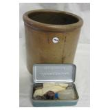 Antique salt glazed crock. Measures 9.25" tall. Antique salt glazed crock. Measures 9.25" tall.