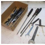 Box of tools including large screw drivers,