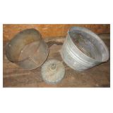 (2) Galvanized bucket, large metal funnel, oil