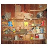 Contents of shelf including sump pump, various