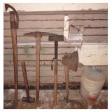 Pick Axe, (2) sledge hammers, large axe, log Pick Axe, (2) sledge hammers, large axe, log