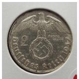 1937 Nazi Germany silver 2 Marks. AU.