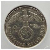 1938 Nazi Germany silver 2 Marks. AU.