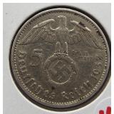 1937 Nazi Germany silver 5 Marks.