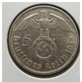 1938 Nazi Germany silver 5 Marks.