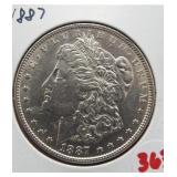 1887 Morgan silver dollar.