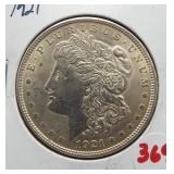 1921 Morgan silver dollar.
