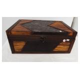 Wood storage box with inlay design and metal
