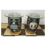 Pair of Oriental themed ceramic end tables with