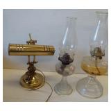 (2) Vintage clear glass oil lamps with chimneys