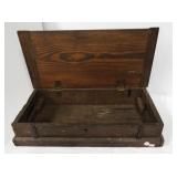 Vintage wood storage box with hinged lid, metal