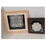 (2) Framed crocheted dollies. Largest measures