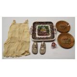Vintage booties and baby dress, wooden souvenir