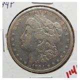 1884 Morgan silver dollar.