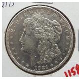 1921-D Morgan silver dollar.