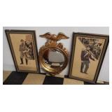(2) Framed soldier prints and a wall mirror with