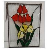 Hanging stained glass picture of Iris flowers.