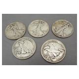 (5) Walking Liberty Silver Half Dollars. Dates: