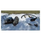 Cart, pet cage, propane tanks, metal crate, misc.