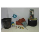 Household items including desk lamp, thermostat