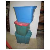 (3) Rubbermaid plastic totes with lids of various