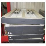 Plastic storage shelving unit with five shelves.