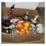 Large box of household kitchen items that