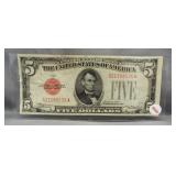 1928C $5 U.S. Red Seal Note. Almont UNC.
