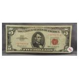1963 $5 U.S. Red Seal Note. Very Fine, Star Note.