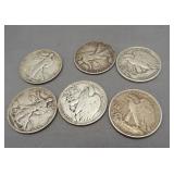 (6) Walking Liberty Silver Half Dollars. Dates: