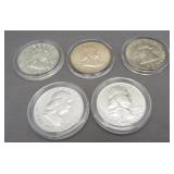 (5) Franklin Half Dollars. Dates: 1952, 1953-D,