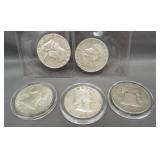 (5) Franklin Half Dollars. Dates: 1952, 1953-D,