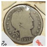 1912-S Barber Silver Half Dollar.