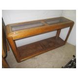 Wood sofa table with glass tops. Measures: 27" h