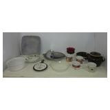 Assortment of dishes including double handled