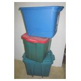 (3) Rubbermaid plastic totes with lids of various