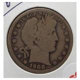 1908 Barber Silver Half Dollar.