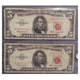 (2) 1963 $5 Red Seal Notes.