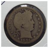 1904-O Barber Silver Quarter.