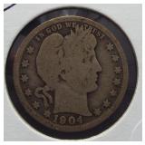1904-O Barber Silver Quarter.