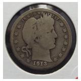 1913 Barber Silver Quarter.