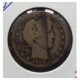 1913 Barber Silver Quarter.