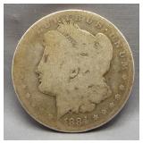 1884 Morgan silver dollar.