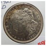 1921-D Morgan silver dollar. Light toning, BU++.