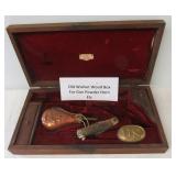 Walnut wood box containing copper powder flask,