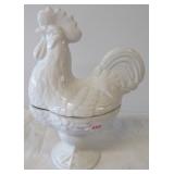 Milk glass two piece rooster dish.  Measures 8.5"