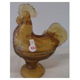 Amber glass two piece rooster dish.  Measures